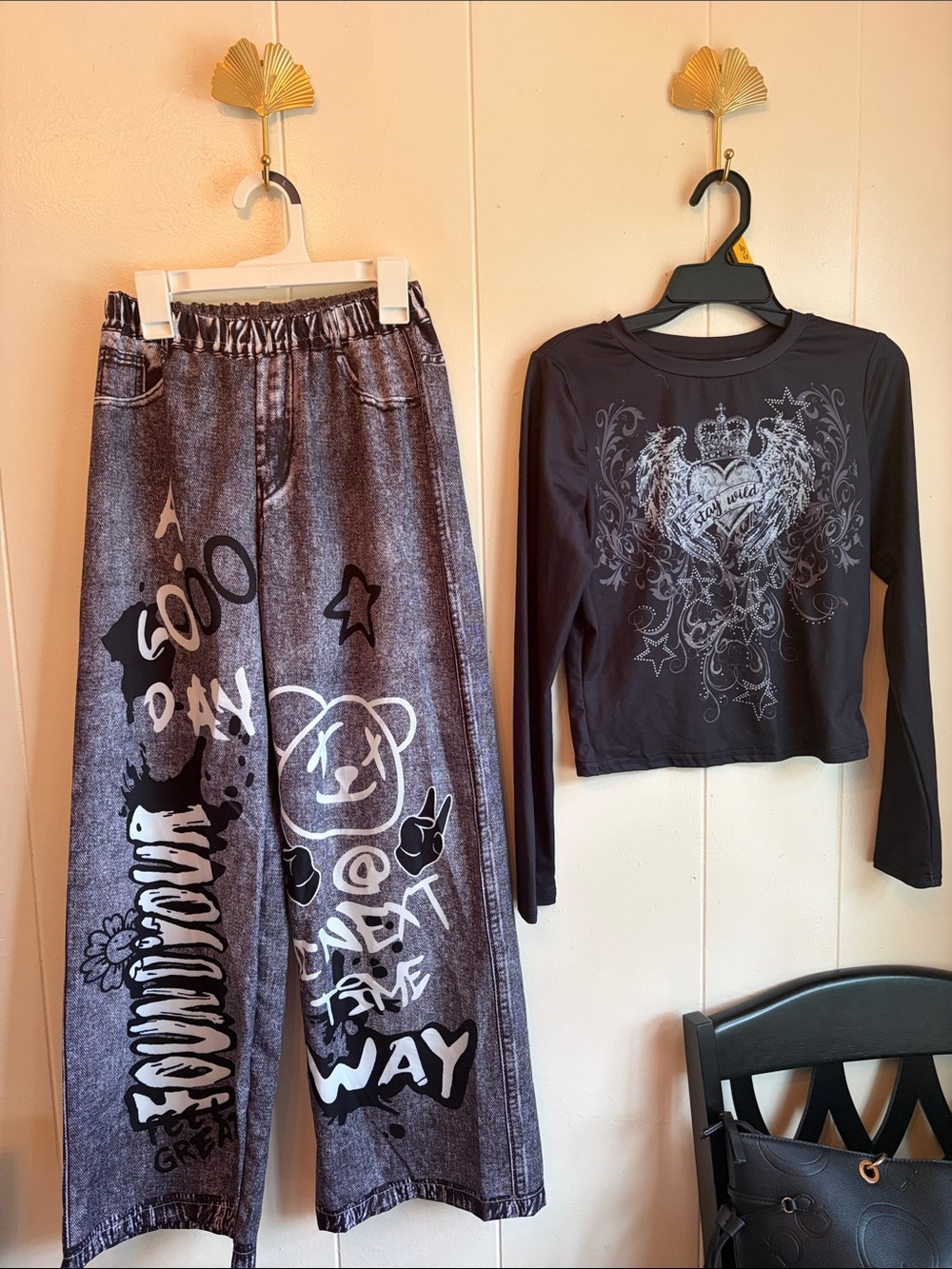 Graphic Wide-Leg Pants with Black Long Sleeve Graphic Tee